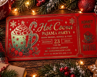 Custom Hot Cocoa Pajama Party Invitation – Foil Christmas Ticket Invite