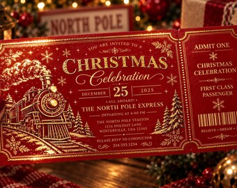 North Pole Express Ticket Invitation | Personalized Foil Christmas Party Invite