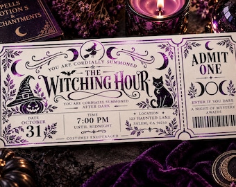 Personalized Witching Hour Halloween Ticket Invitation | Purple Foil Party Invite