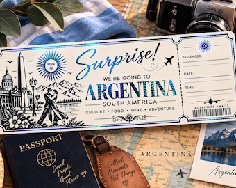 Personalized Argentina Travel Ticket Keepsake | Foil Accents, Custom Reveal Gift