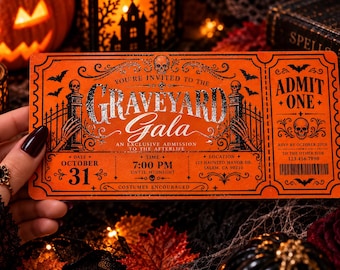 Custom Foil Party Invite Graveyard Gala Halloween Ticket Invitation:  (Physical)