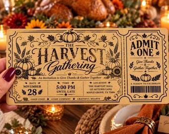 Personalized Foil Thanksgiving Ticket Invitation | Elegant Harvest Gathering Invite