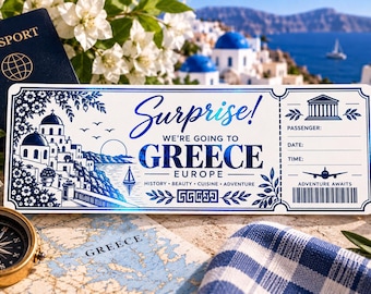 Personalized Greece Travel Ticket Keepsake | Foil Accents, Custom Reveal Gift