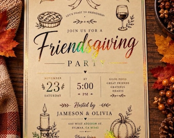 Custom Foil Friendsgiving Invitation: Vintage Harvest Party Ticket (Personalized)