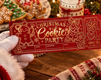 Personalized Christmas Cookie Party Invitation, Red Gold Foil Ticket (Physical)