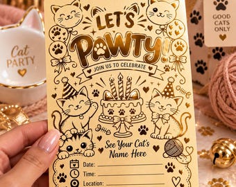 Personalized Cat Birthday Invitation | Gold Foil Party Invite (Custom Name)