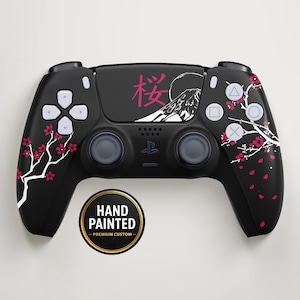 Anpassad handkontroll med Black Sakura Cherry Blossom-tema för PS5