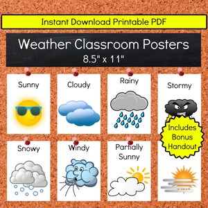 Carteles meteorológicos para el aula, recursos imprimibles para enseñanza, jardín de infantes, preescolar, educación en el hogar
