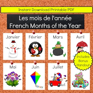French Months of the Year Teaching Printable Resources Classroom Decor Instant Download Kindergarten Preschool Homeschool Mois de l'Année