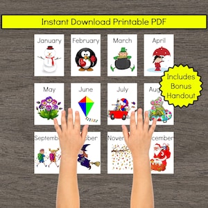 Months of the Year Flashcards Teaching Printable Resources Instant Download Kindergarten Preschool Homeschool Calendar Learning