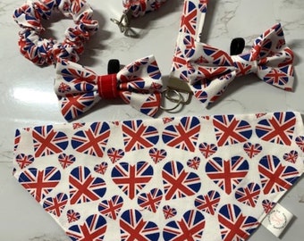 Handmade, Dog bandana, Union jack flag, Matching set, Key fob, Wristlet, Scrunchie, Puppy bow, Platinum jubilee, over the collar