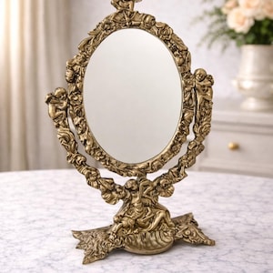Miroir baroque antique français pour coiffeuse avec Cupidon, miroir de maquillage réglable en laiton