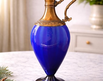 Vintage Italian Blue Glass Wine Decanter with Dragon Handle