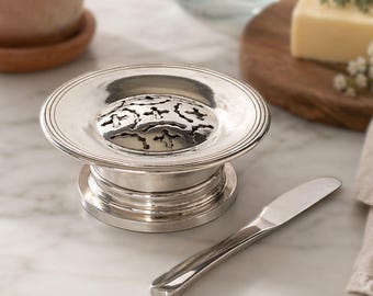 Mantequera Coquillor vintage bañada en plata con cuchillo, prensa para mantequilla francesa, moldeador de mantequilla, regalo para anfitriona