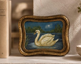 Italian Moonlit Swan Oil Painting in Vintage Frame , Original Romantic Lake Landscape Artwork , European Wall Art