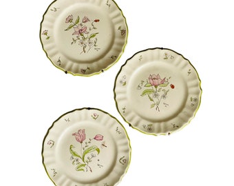 Vintage Set of 3 Hand Painted Floral pattern Plates , Decorative Italian Wall Plates , Signed Hand Painted Floral Hanging Plates Set 1974's