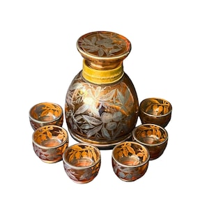 Vintage Silver Overlay Glass Murano Decanter Set , Art Deco Italian Silver Overlay Amber Glass Liquor Set , Silver Decanter with 6 Shot