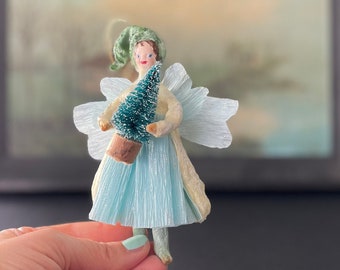 Spun Cotton Angel with Wings and Christmas tree, Handmade Vintage Inspired Christmas Angel , Spun Cotton Angel Christmas Hanging Ornament