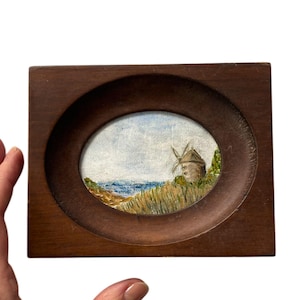 Vintage Italian Wood Frame Windmill Original Oil Painting Landscape , Framed Miniature Oil Painting Windmill Countryside  Farmhouse Decor