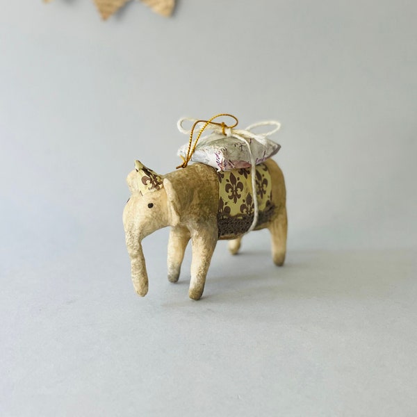 Spun cotton Elephant ornament , Handmade Spun cotton Elephant with Gift Box Figurine , Vintage Elephant Hanging Ornament Safari Ethnic Decor
