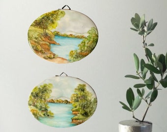 Vintage Italian Tuscan Landscape Porcelain Paintings - Set of 2