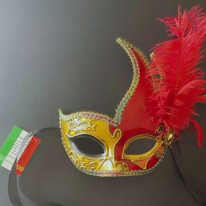 Vintage Original Venetian Carnival Mask with Certificate ,  Italian Handcrafted Eye Mask with Red Feathers , Baroque style Halloween Mask