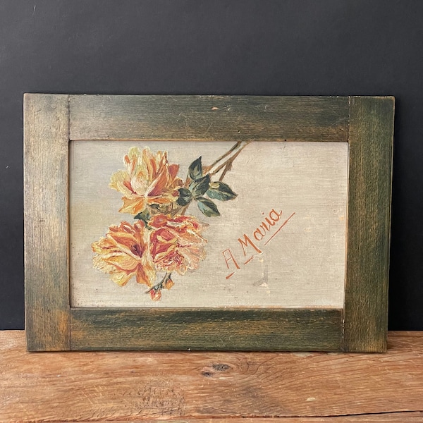 Antique Floral Original Oil Painting Painting with Wooden framed , Antique Primitive Art Oil Painting Roses for Maria 1900s Farmhouse Decor
