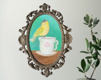 Vintage Ornate Frame Oil Painting on canvas Bird on Cup , Oval Framed Signed Still life Original Oil painting Bird and Teacup Kitchen decor