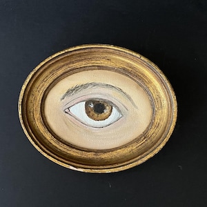 Original Lover&#39;s Eye Oil Painting on canvas in Vintage Gold Wood frame, Framed Miniature Oil Painting Brown Eye , Oval Frame Lover&#39;s Eye Art