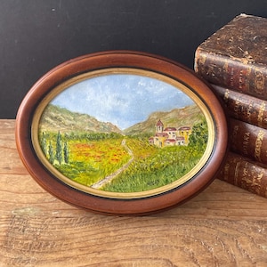 Vintage italienisches Originalölgemälde ovaler Goldholzrahmen, gerahmtes authentisches signiertes Landschaftsölgemälde, handgemaltes Bergdorf