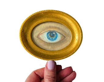 Original-Liebhaberauge-Ölgemälde im Vintagen ovalen Holzrahmen, Miniatur-Ölgemälde-blaues Auge-ovaler Rahmen, gerahmtes magisches Auge Ölgemälde