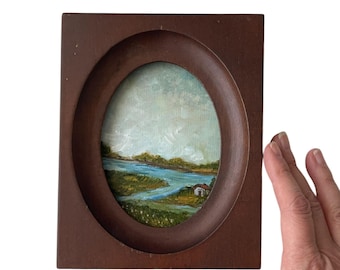 Pintura al óleo de paisaje italiano vintage: campiña toscana, marco de madera