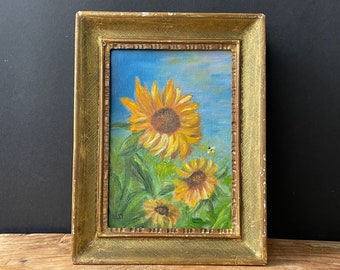 Original Sunflowers Oil Painting on Canvas with Antique Florentine Wood Frame , Italian Signed Sunflowers Oil Painting Wood Golden Frame