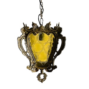 Vintage italienische Anhänger Laterne Bernstein Glas, Messing Barock Stil gelbe Glas Lampe, verzierte Messing Halle oder Korridor Lampe Cottagecore Decor
