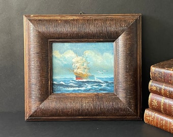 Vintage Wood Frame with Original Oil Painting Seascape , Framed Signed Sailing Ship Oil Painting , Italian Artist Oil Painting Boat at sea