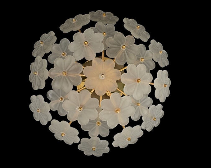 Vintage Murano Glass Flowers Chandelier , Italian Murano Frosted Glass Flowers Chandelier 3