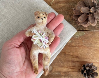 Christmas Ornament Spun Cotton Teddy Bear , Handmade Vintage style Teddy Bear , Spun Cotton Bear Ornament Victorian Decoration teddy bea