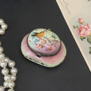 Vintage French Collectable Porcelain Pill Box with Bird , Floral Design Pink Pill Holder , Cute Pill Organizer with Bird Scene Gift for mom