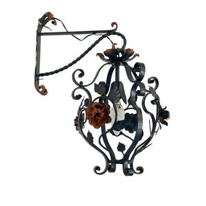 Vintage Italian Black Lantern Pendant Lamp , Gothic Wrought Iron Hanging Lantern Light with Roses , Outdoor Hall or Entrance Porch Lantern