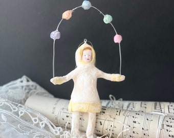 Christmas Ornament Spun Cotton Juggling Snowball Girl , German Victorian Spun Cotton Ornament Doll Antique Inspired Spun Cotton Ornament