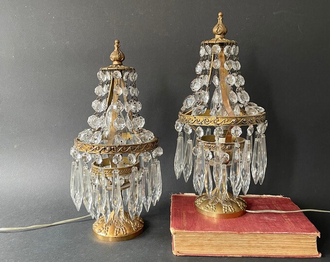 Antique Empire Style Pair Crystal Table Lamps , Vintage Chandelier
