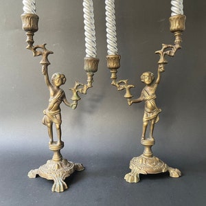 Antique Brass Pair of Cherubs Candlestick Holders , Two French Antique mantel candlesticks Two Arm, Pair of Victorian Angels Candle Holder