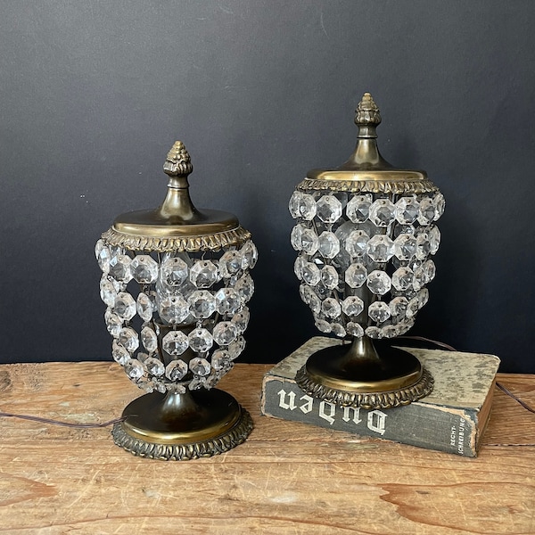 Vintage Empire Style Pair Crystal Table Lamps , Pair Italian Bedroom Chandelier Crystal Drops Lamps , Two Lamps Montgolfier Crystal Lamps