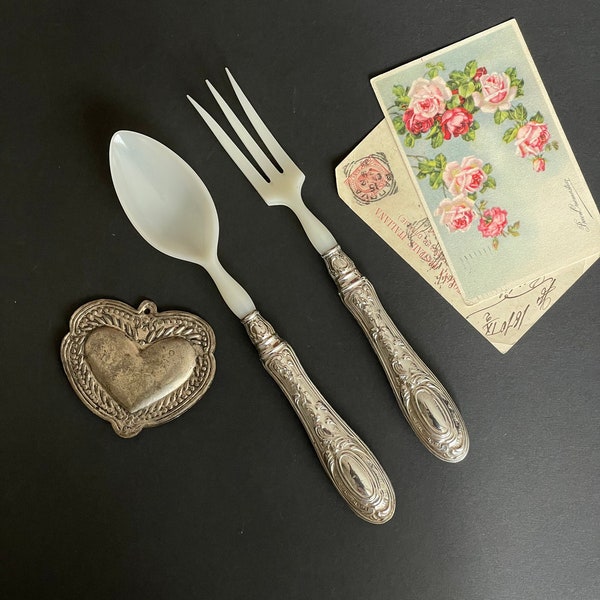 Vintage Italienisches Silber 800 Griffe Salatbesteck, Art Nouveau Salatbesteck aus Silber und Plastik