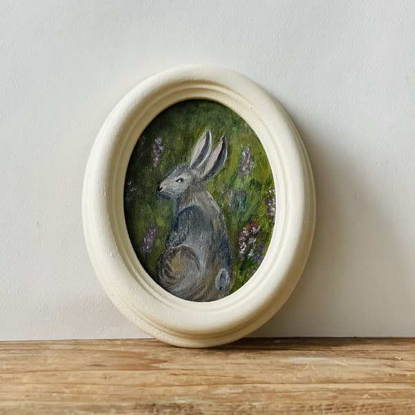 Vintage Oval Frame with Original Oil Painting Rabbit , Bunny Italian Oil Painting on Canvas in Vintage Wood Frame Woodland Animal Art