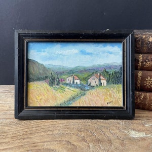Original Oil Painting Farmhouse Countryside Vintage Black Frame, Italian Framed Tuscany Cottage Landscape Oil Painting , Farm Field Wall Art