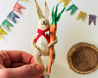 Handmade Primitive Bunny Figurine , Spun cotton Rabbit with carrot Christmas tree ornament , Spun cotton Art Doll Rabbit Hanging decoration