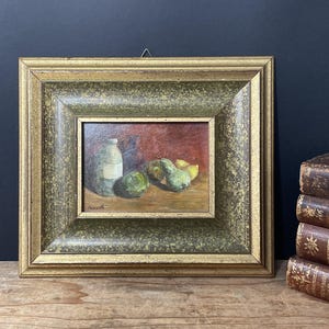 Pintura al óleo vintage de bodegón de frutas de cocina campestre italiana, firmada por Ferinello, pintura al óleo abstracta de comida, regalo de granja melancólico para mamá.