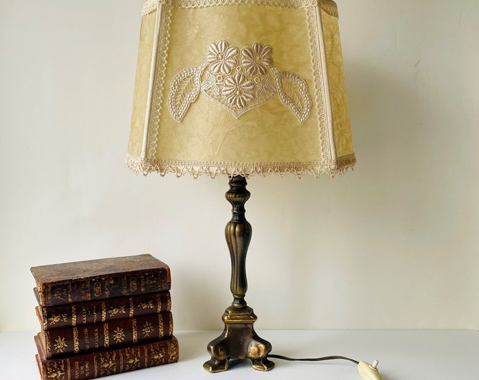 Vintage Italian Table Lamp With Shade , Brass Boudoir Lamp With Shade