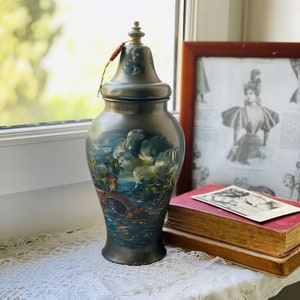 Vintage Pewter Urn Vase with Oil Painting Decor , Decorative Italian Pewter Bowl with Lid Handcrafted Urn Vase , Pewter Pot signed by artist